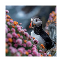 Puffin Bird Among Colorful Wildflowers In Bloom (Print Only)