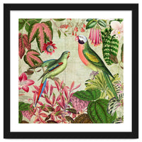 Exotic Lush Rainforest With Colorful Parrots And Flowers