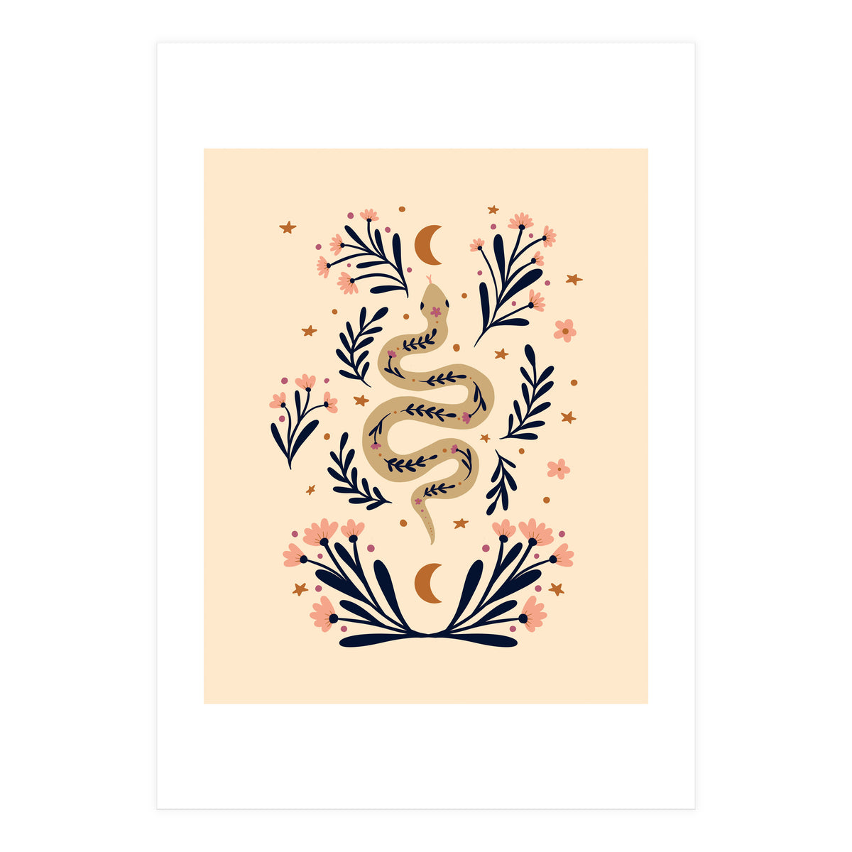 Snake And Flowers Beige And Indigo (Print Only)