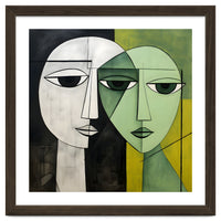 DYNAMIC FUSION, Two abstract heads converge - vibrant green tones intertwine with cool grey hues, a dance of contrast and connection.
