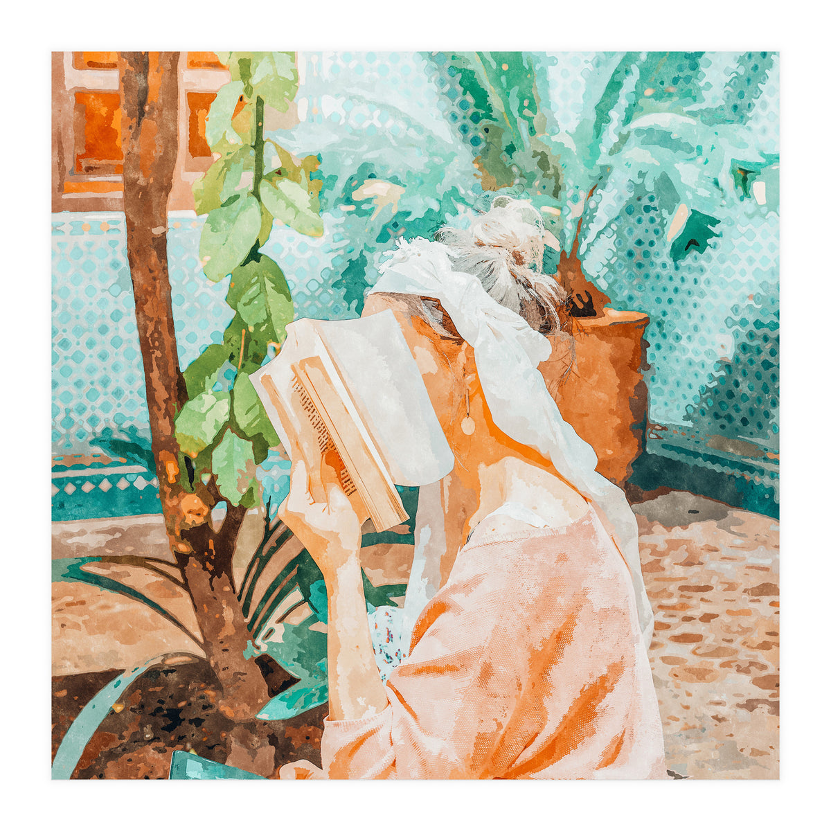 Turkish Reader | Morocco Travel Book Club | Modern Bohemian Woman Architecture | Watercolor Painting (Print Only)