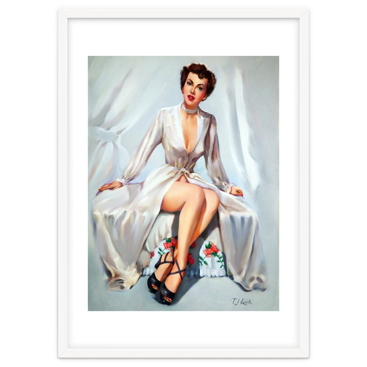 Beautiful Sexy Pinup In Posing Long White Dress