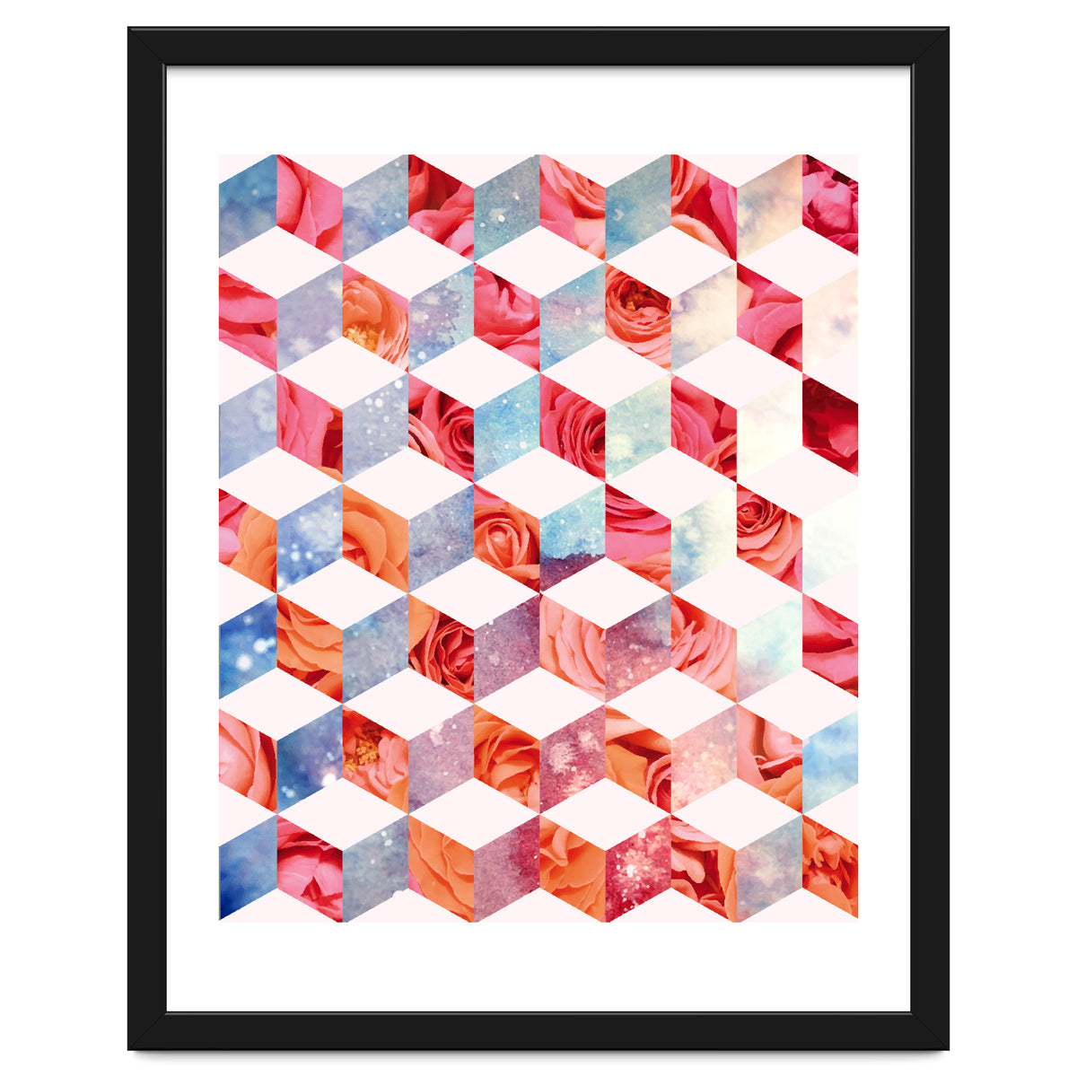 Eve's Sweet Garden of Roses, Geometrical Eclectic Shapes Digital Collage, Surrealism Floral illusion