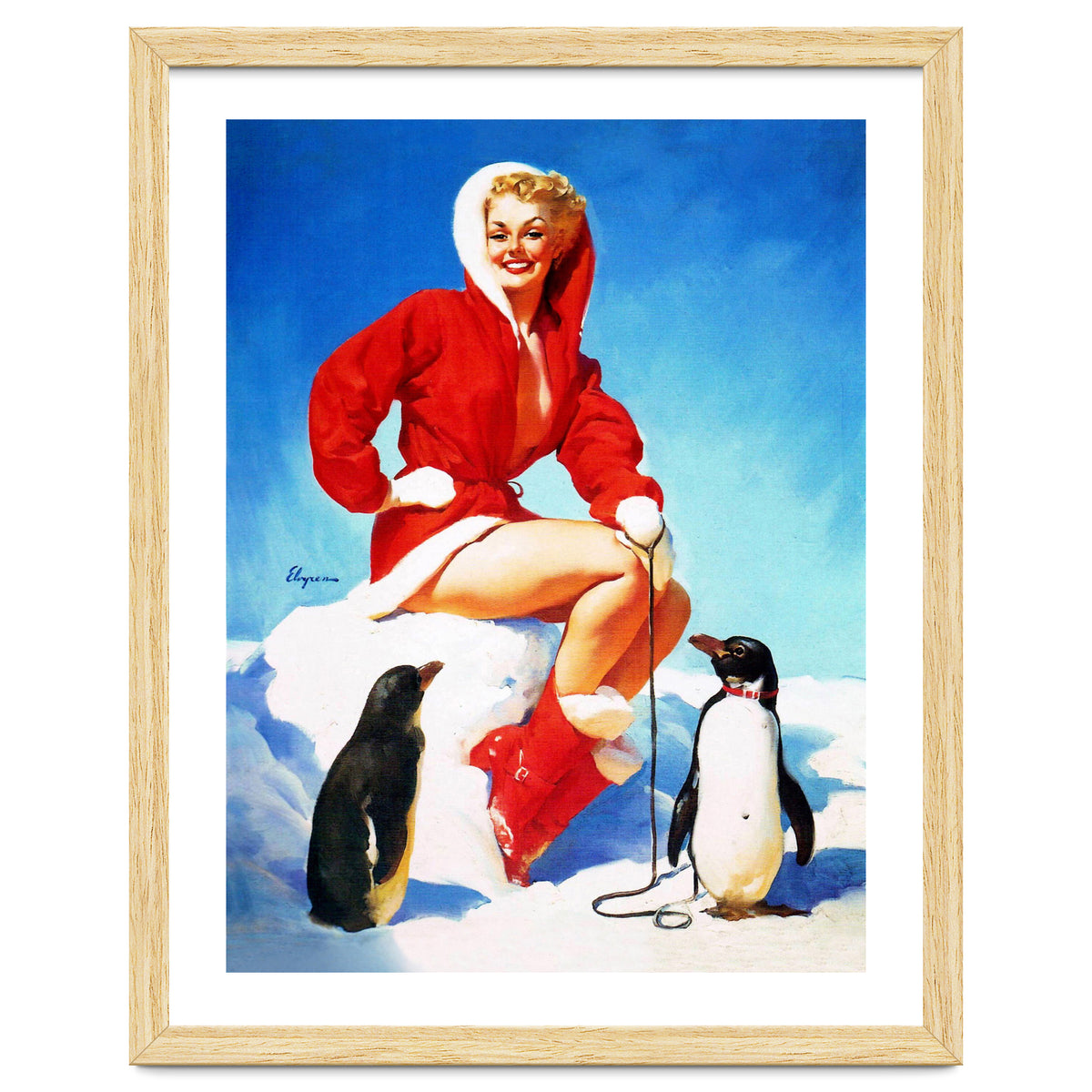 Pinup Sexy Woman Posing With Two Penguins