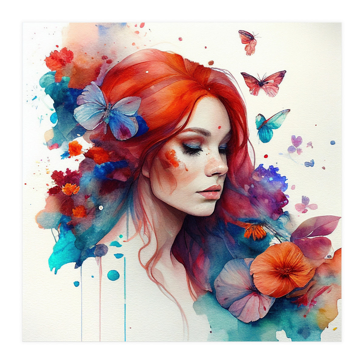 Watercolor Floral Red Hair Woman #4 (Print Only)