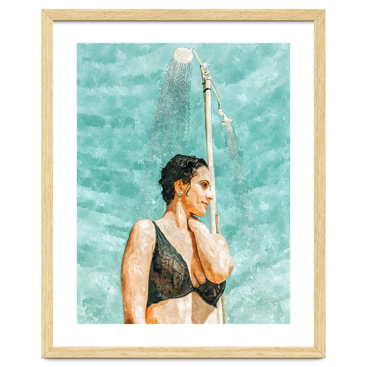 Bathe | Woman Pool Shower | Summer Swim Watercolor Painting | Brunette Bikini Boho Fashion
