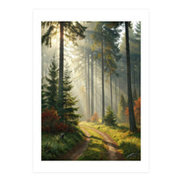 The Golden Path: Ethereal Sunbeams Piercing Through a Misty Evergreen Forest at Dawn (Print Only)