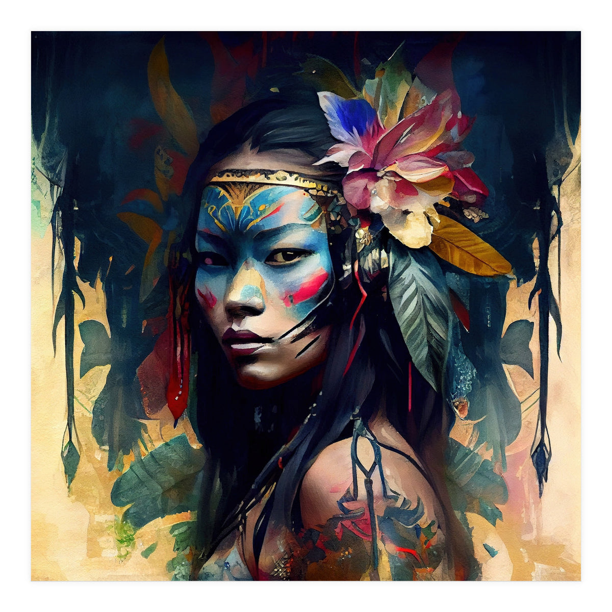 Floral Native Asian Warrior Portrait (Print Only)