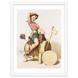 Pinup Cowgirl Riding A Wooden Horse Made Of Barrel thumbnail