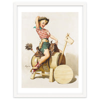 Pinup Cowgirl Riding A Wooden Horse Made Of Barrel
