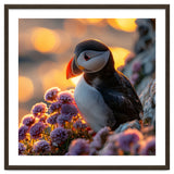 Puffin Bird Amidst Purple Flowers Golden Hour thumbnail