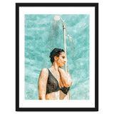Bathe | Woman Pool Shower | Summer Swim Watercolor Painting | Brunette Bikini Boho Fashion thumbnail