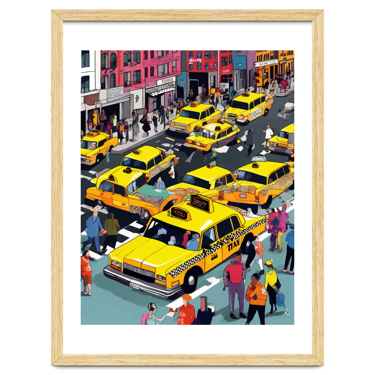 New York Minute, Yellow Taxi Cab Manhattan Downtown Busy Street, Traffic People Buildings Times Square Eclectic Road Architecture