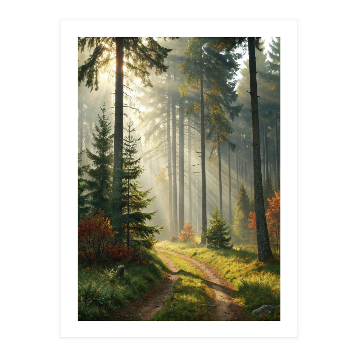 The Golden Path: Ethereal Sunbeams Piercing Through a Misty Evergreen Forest at Dawn (Print Only)