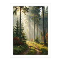 The Golden Path: Ethereal Sunbeams Piercing Through a Misty Evergreen Forest at Dawn (Print Only)