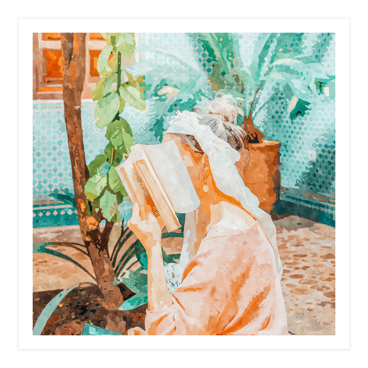 Turkish Reader | Morocco Travel Book Club | Modern Bohemian Woman Architecture | Watercolor Painting (Print Only)