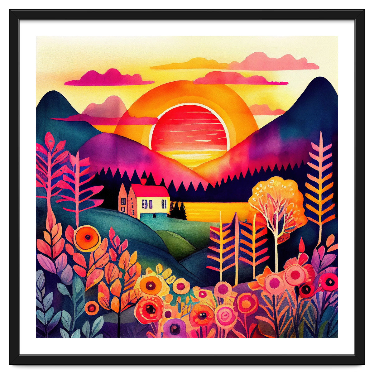 Folk Sunset Over Mountain Lake