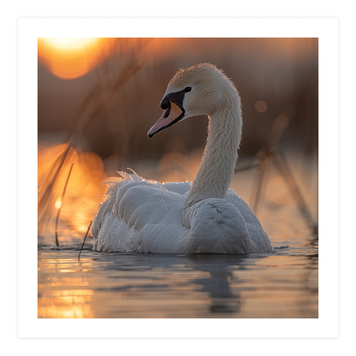 Majestic Swan Swimming At Sunrise Serene Water (Print Only)