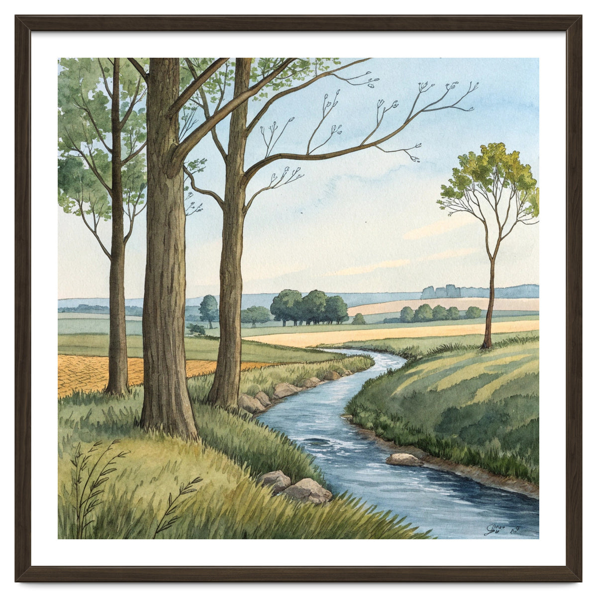 Pastoral Countryside Watercolor Painting with Winding Stream Meadows and Deciduous Trees Landscape