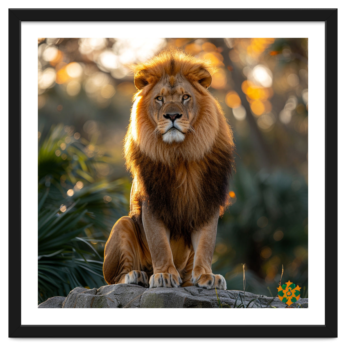 Majestic Lion Sitting On A Rock At Sunset