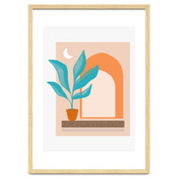 Moonlight Villa, Architecture Modern Bohemian Travel Illustration, Pastel Tropical Home Minimal Line Art