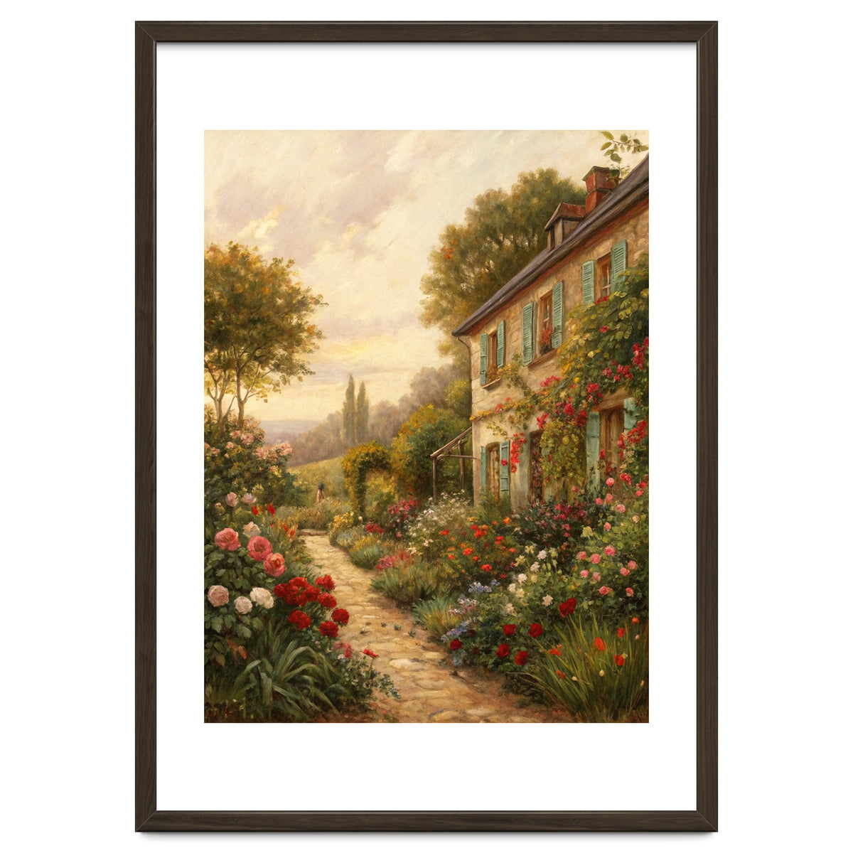 Idyllic Sunlit Cottage Garden Oil Painting