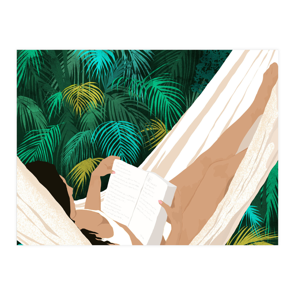 Summer Hammock Reading, Tropical Jungle Travel, Watercolor Nature Bohemian Forest Plants, Palm Beach (Print Only)