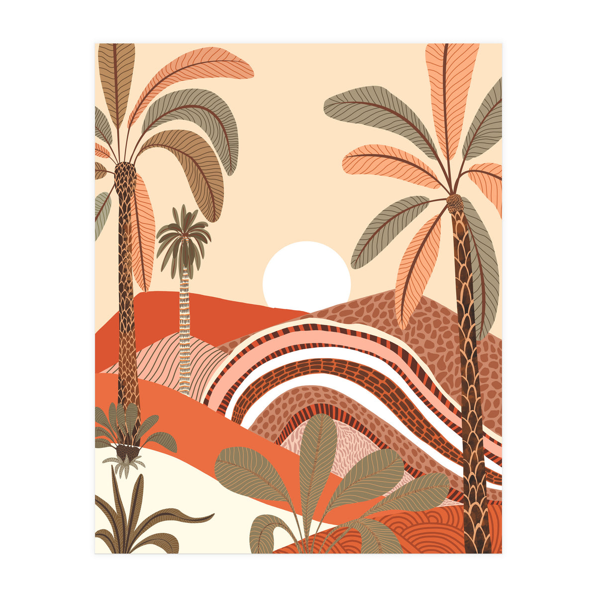 Epiphany, Pastel Rustic Sunrise Sunset, Bohemian Nature Landscape Illustration, Mountains Adventure Palm Trees (Print Only)