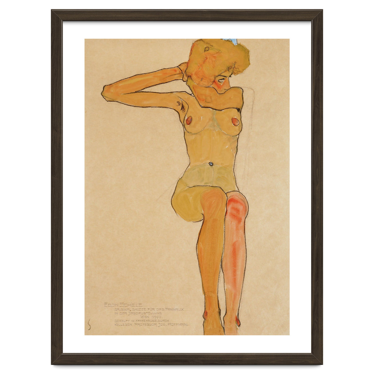 Seated female nude with raised right arm,1910 Gouache,.