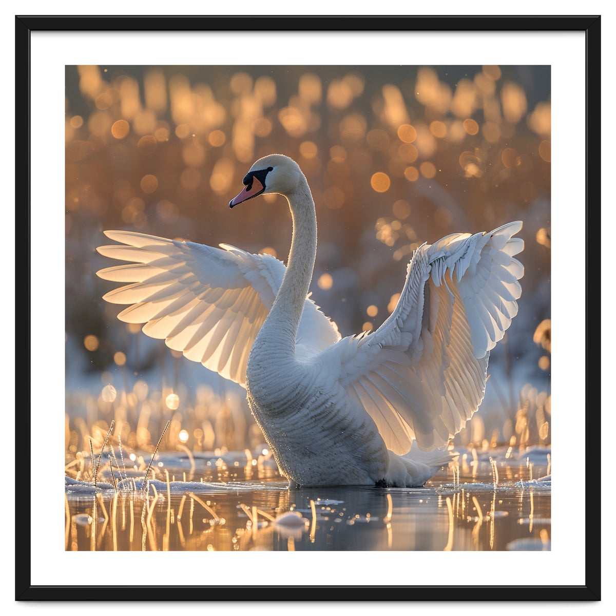 Swan Spreading Wings In Water Sunlight