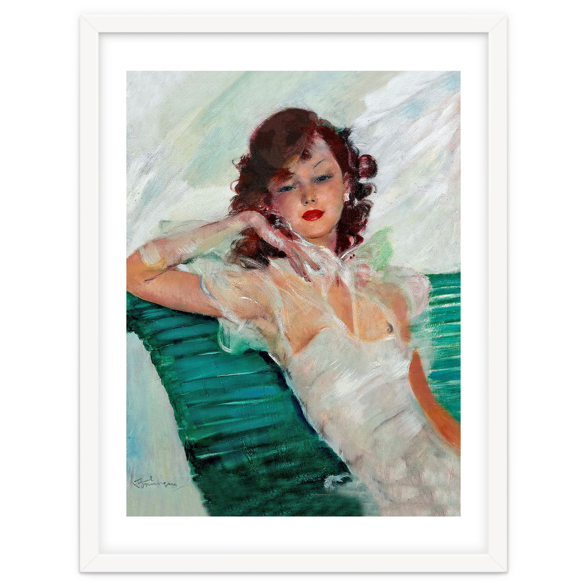 Girl Is Resting On A Green Bench, Watercolor Painting