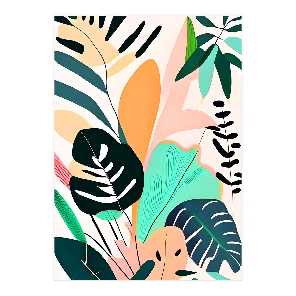 Pastello, Tropical Pastel Jungle, Botanical Neutral Muted Colors, Nature Plants Drawing Monstera, Exotic Bohemian Summer (Print Only)