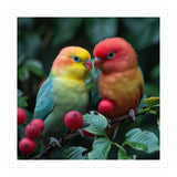 Lovebirds Perched Amidst Red Berries And Green Foliage (Print Only) thumbnail
