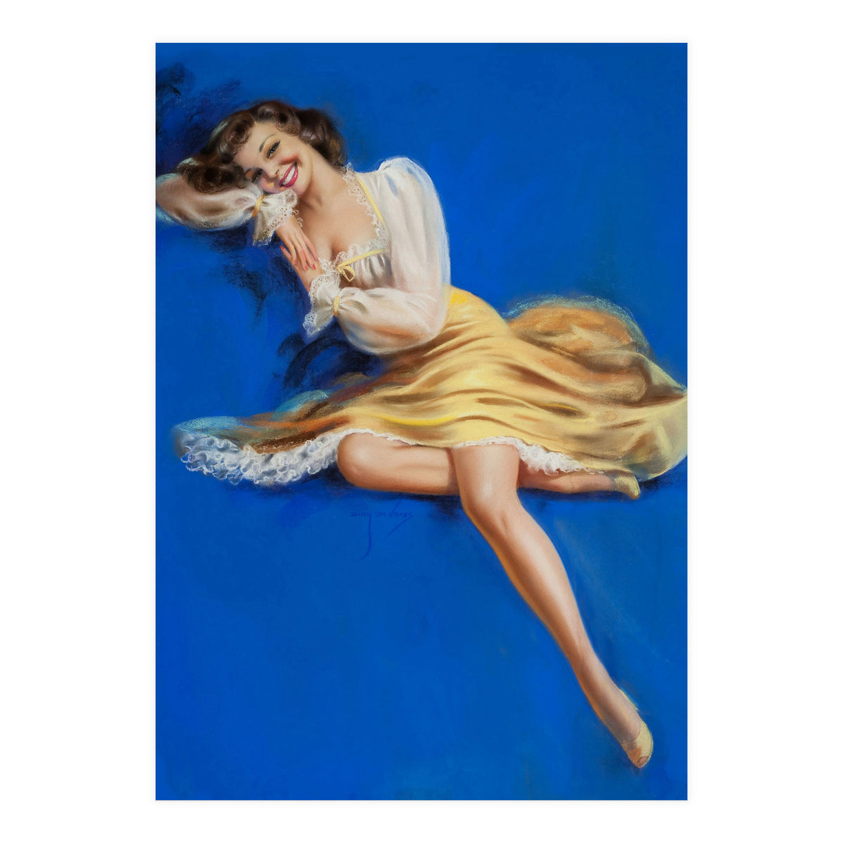Pinup Girl Posing In Studio Over The Blue Background (Print Only)