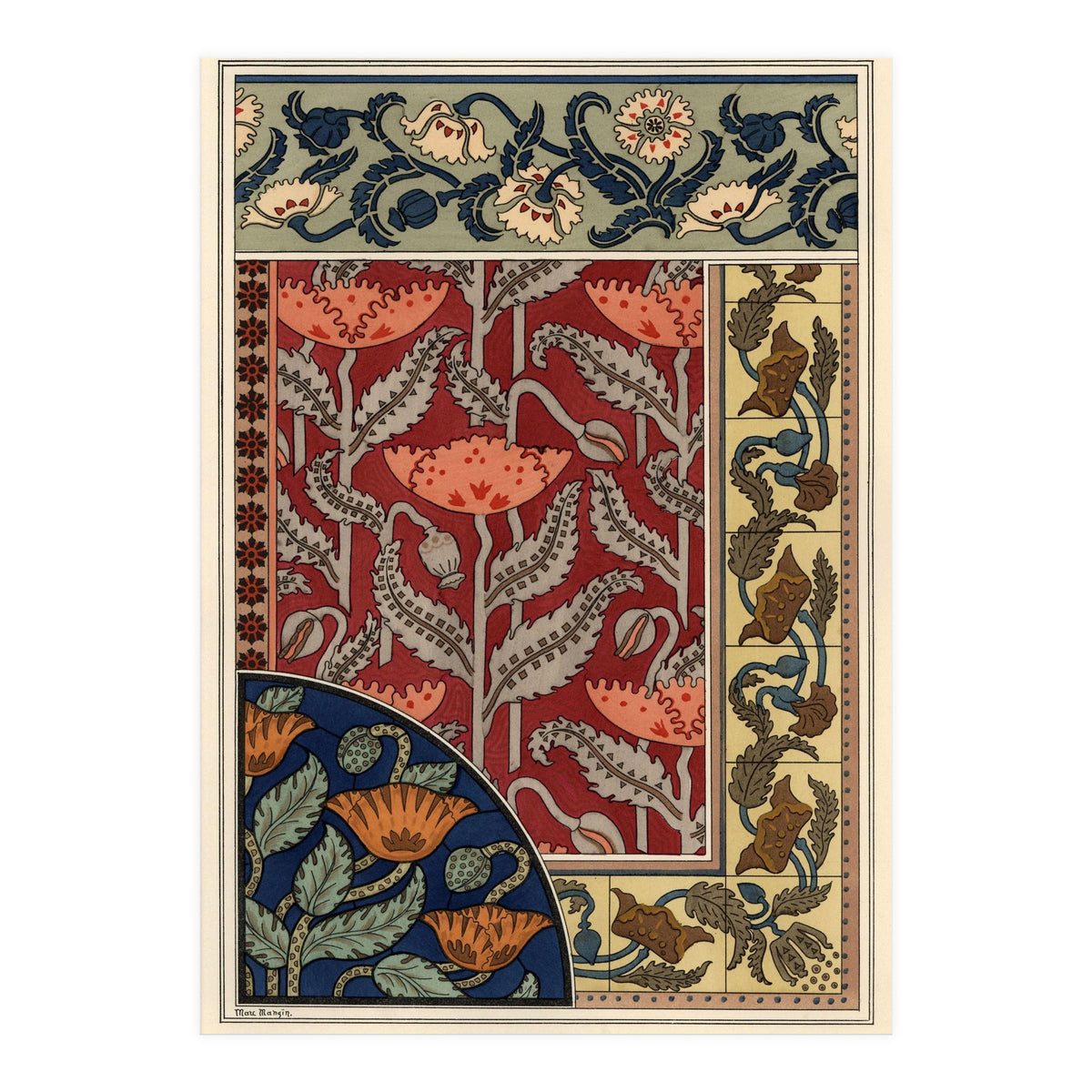 The poppy, Papaver somniferum, in stained glass, wallpaper, fabric and tile patterns. Lithograph ... (Print Only)