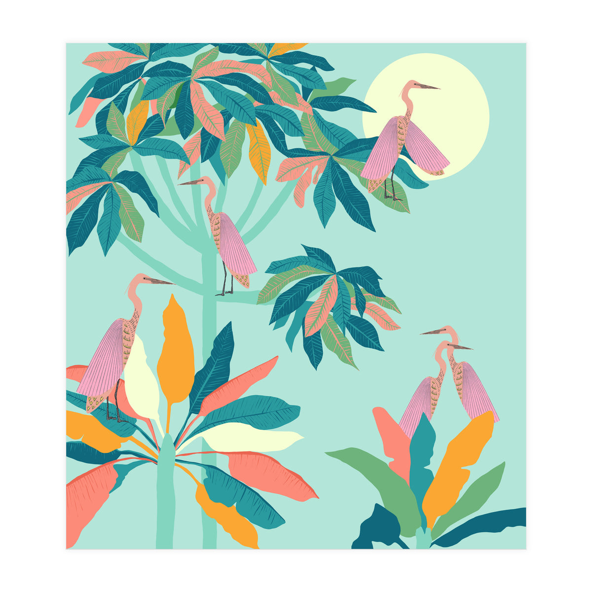 Drawn To The Moon, Stork Heron Flamingo Birds, Tropical Pastel Wildlife Forest Nature, Animals Jungle Bohemian Eclectic Fly (Print Only)
