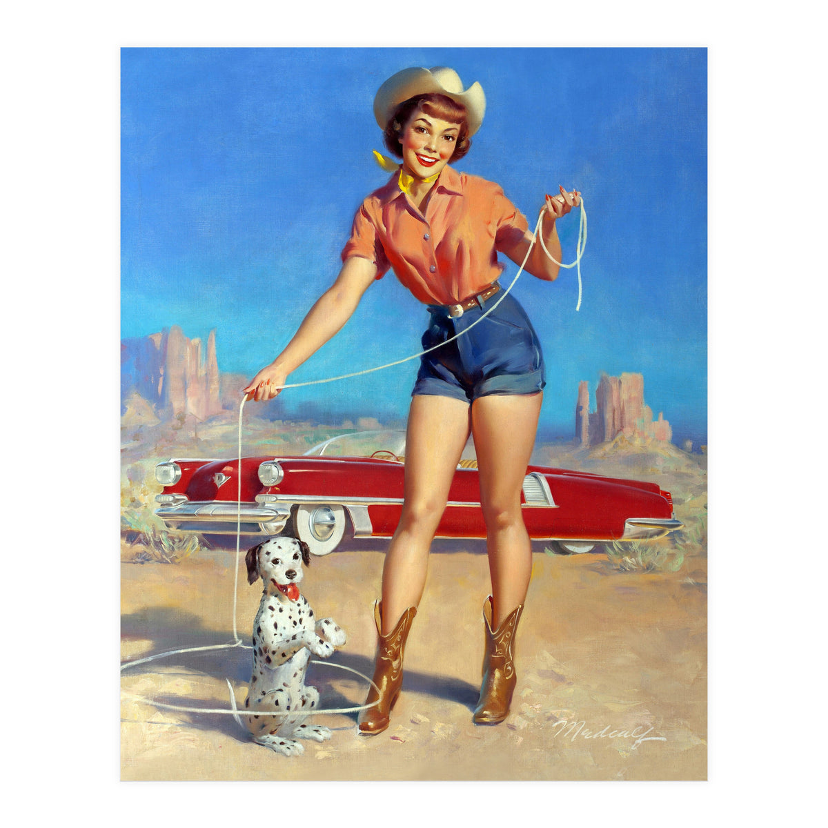 Pinup Cowgirl Showing A New Dog Trick (Print Only)
