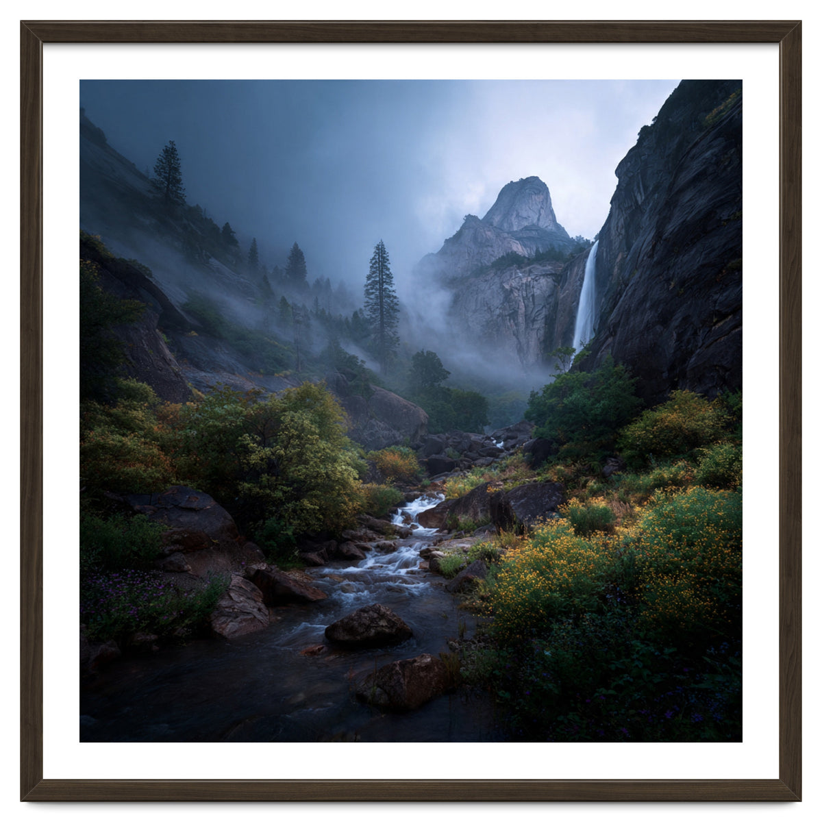 Majestic Misty Mountain Valley with Cascading Waterfall