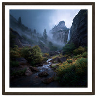 Majestic Misty Mountain Valley with Cascading Waterfall