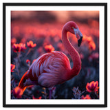 Pink Flamingo Bird Standing Among Flowers At Sunset thumbnail