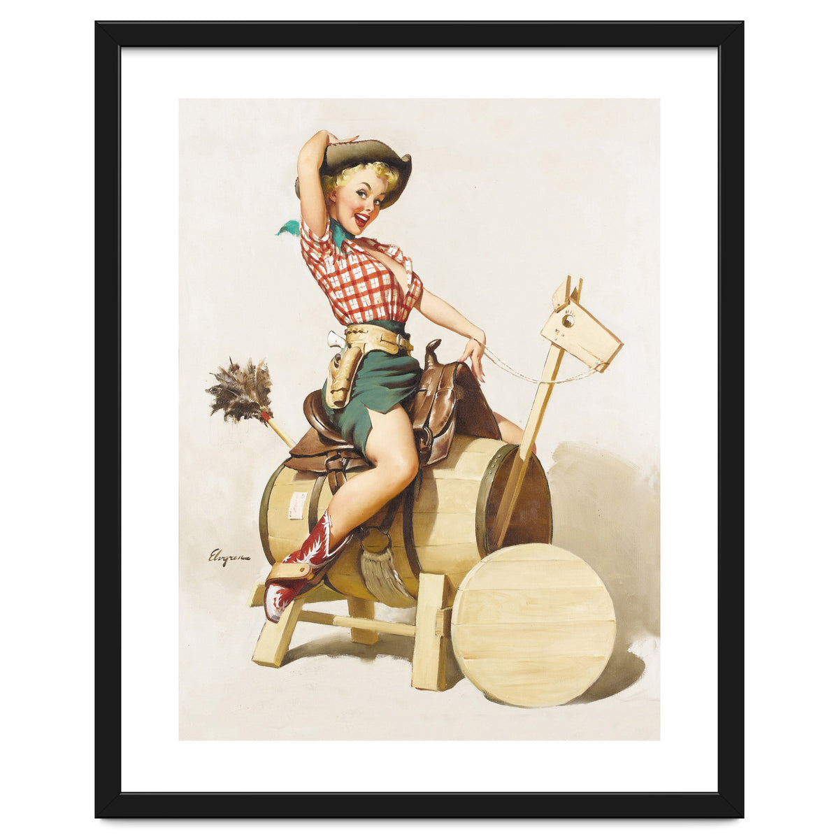 Pinup Cowgirl Riding A Wooden Horse Made Of Barrel
