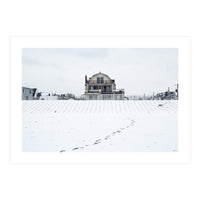 Footprints and house in winter snowscape (Print Only)