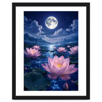 Moonlit Lotus Pond: Serene Nighttime Floral Landscape
