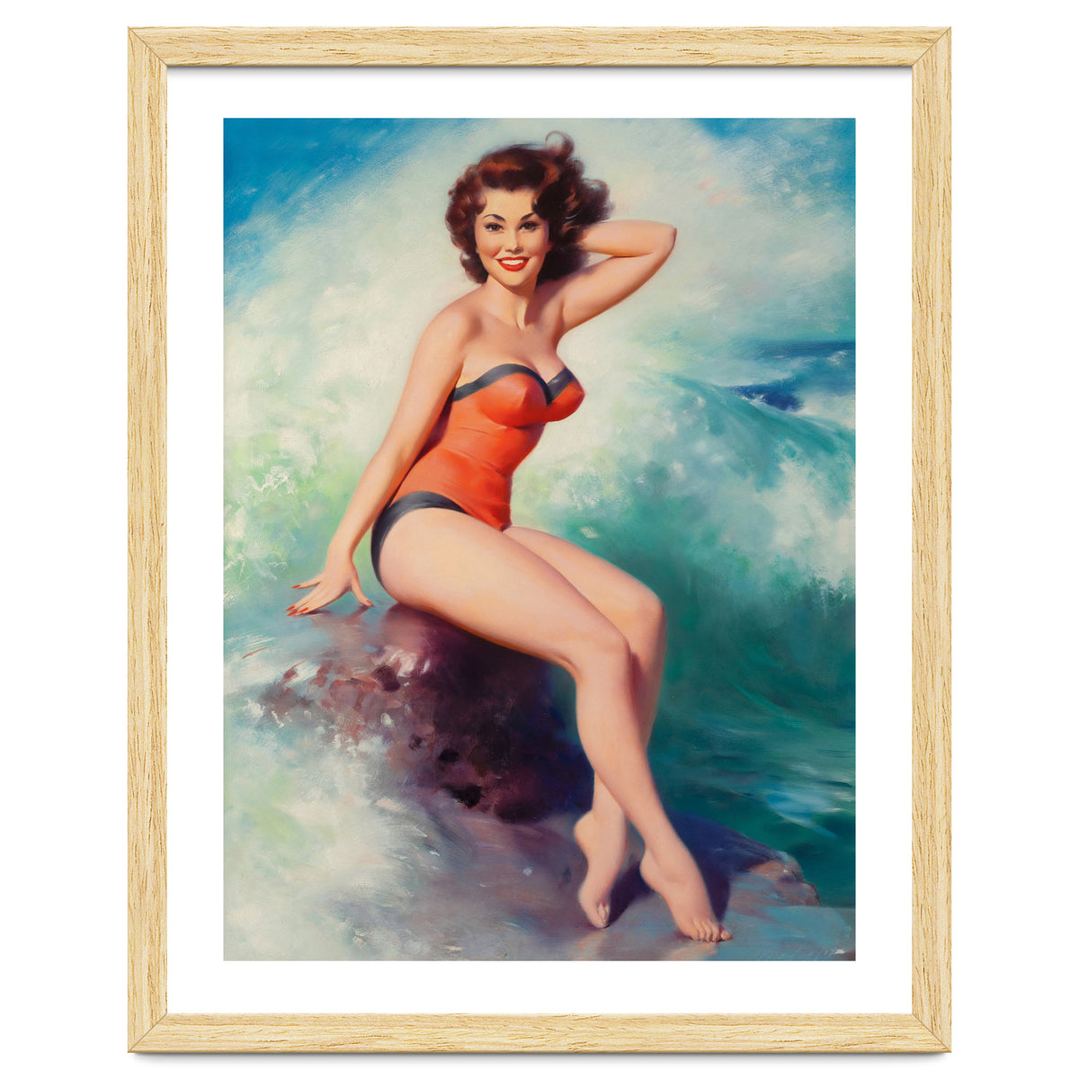 Pinup Girl Posing In Front Of Big Waves On The Beach