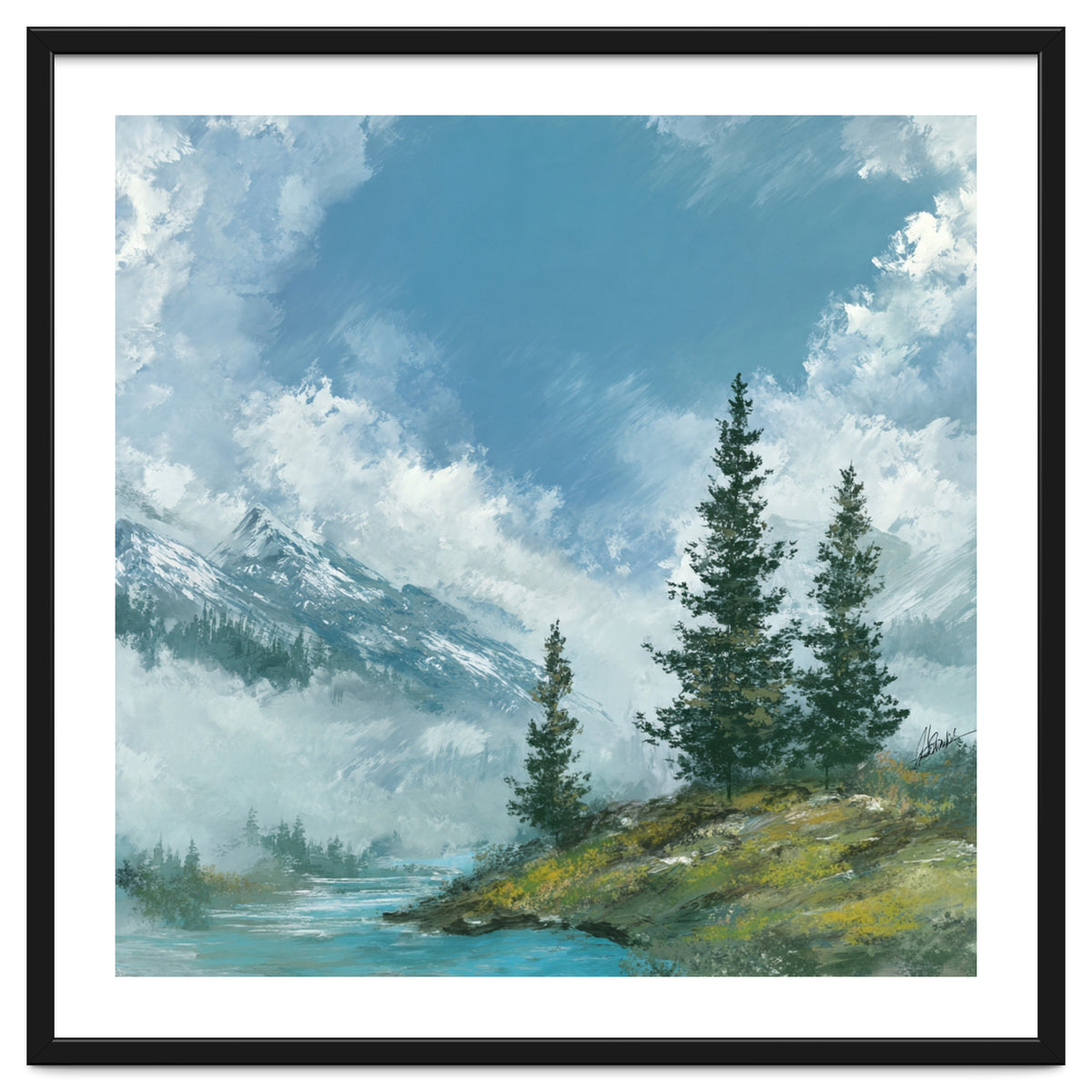 Ethereal Alpine River Valley with Snow-Capped Mountains