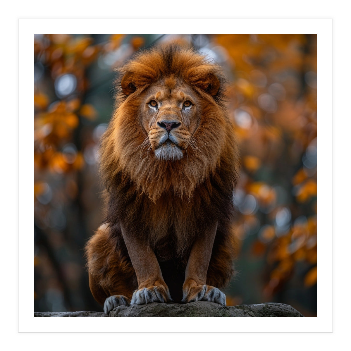 Majestic Lion Sitting On A Rock In Autumn Forest (Print Only)