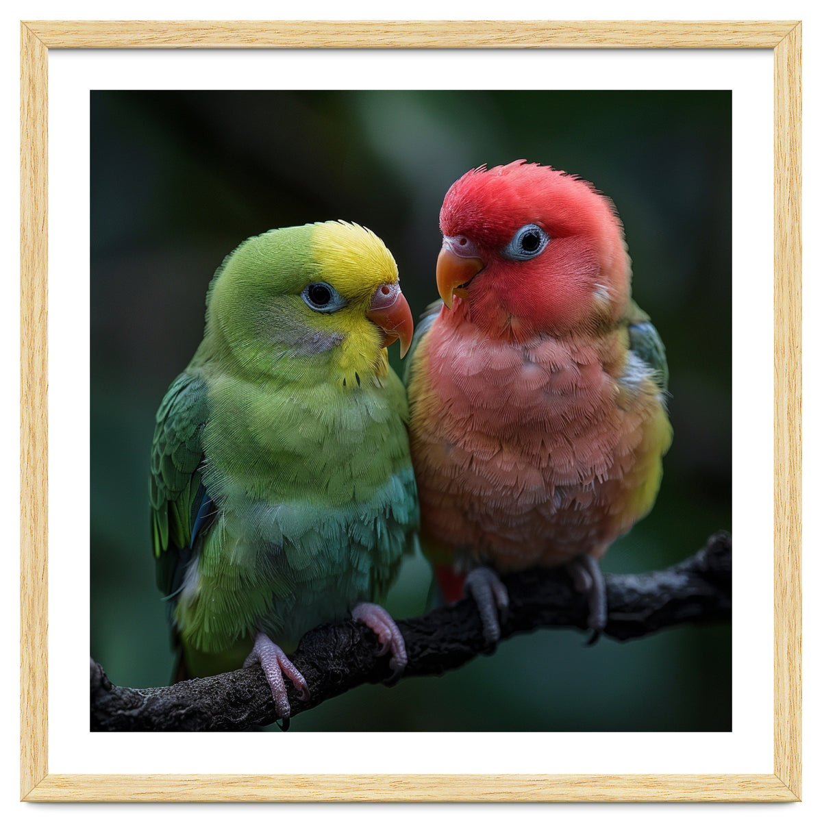 Two Lovebirds Sitting Together On A Branch