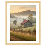 Rustic Red Roof Barn in Misty Morning Valley Landscape thumbnail