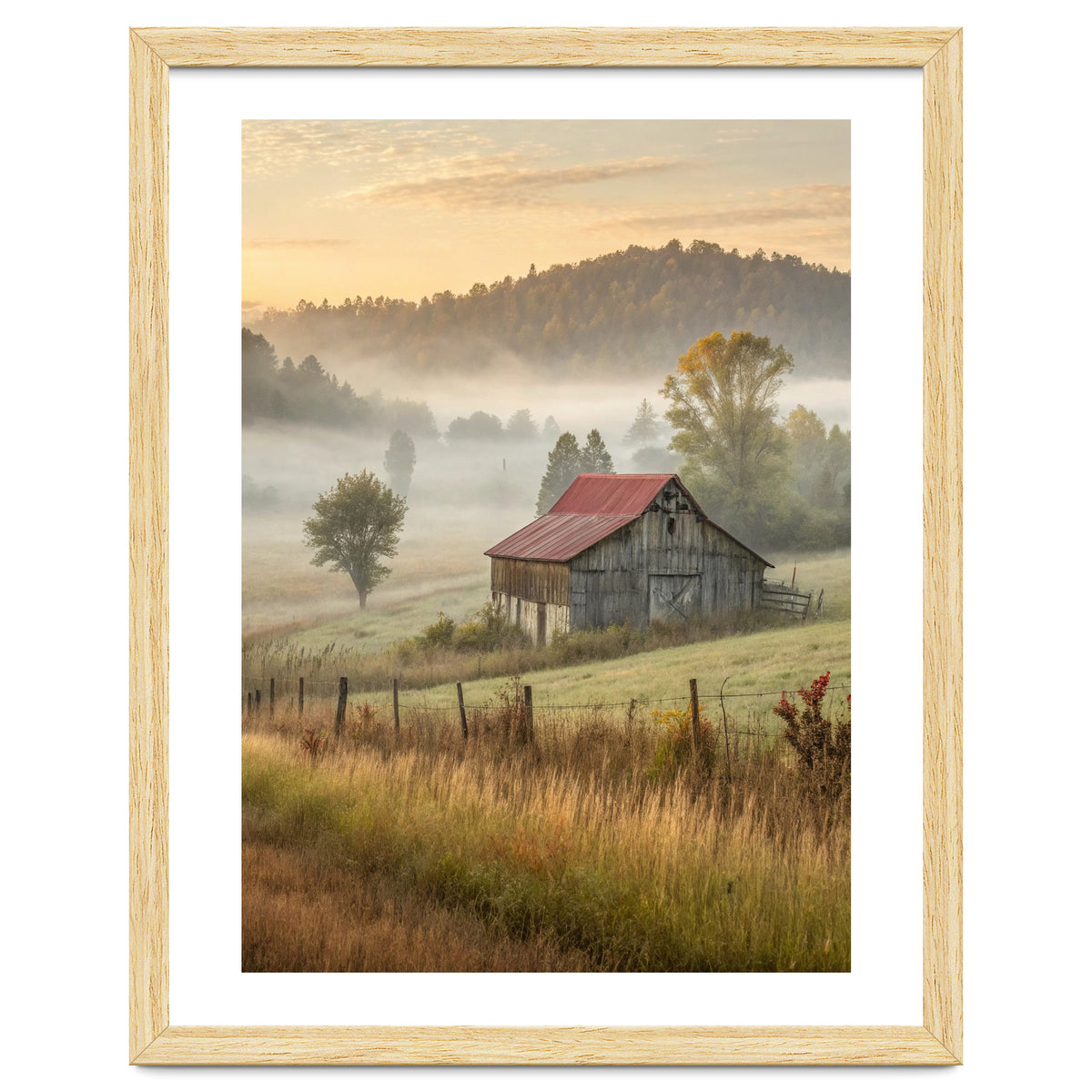 Rustic Red Roof Barn in Misty Morning Valley Landscape