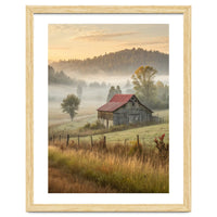Rustic Red Roof Barn in Misty Morning Valley Landscape